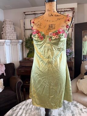 Princess Polly Light Green Satin Slip with Pink Floral Embroidery
